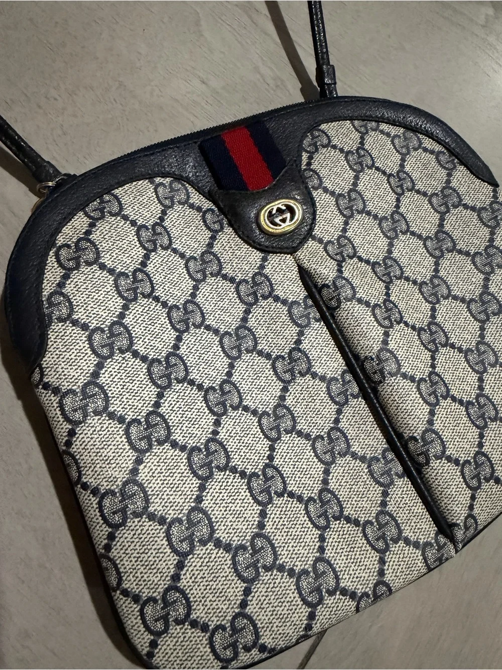 Gucci Beige Navy Monogram Crossbody with Red Web Stripe